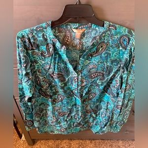 Turquoise patterned long sleeve blouse